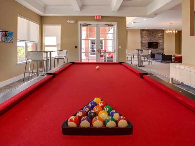 This image shows the oversized clubhouse featuring the billiard table exit view.