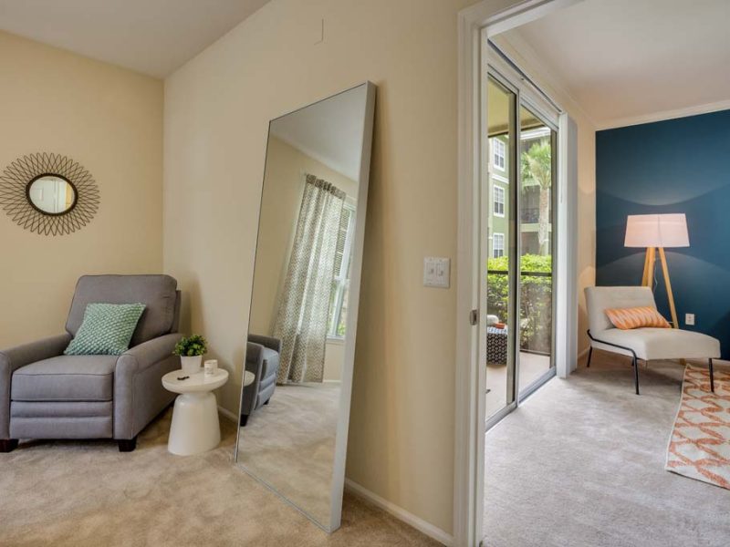 This photo exhibits the recently renovated apartment featuring the living area with a gorgeous mirror.