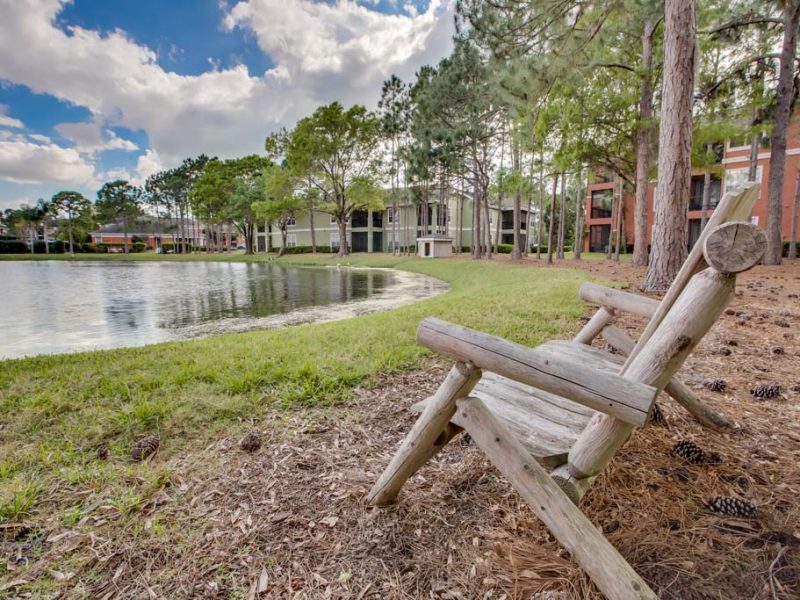 This image shows the pond view of the TGM Palm Aire Apartment that offers a tranquil environment. It's far enough from the hustle and bustle surrounding. It also features the wooden chair where you can witness the sunrise and sunset.